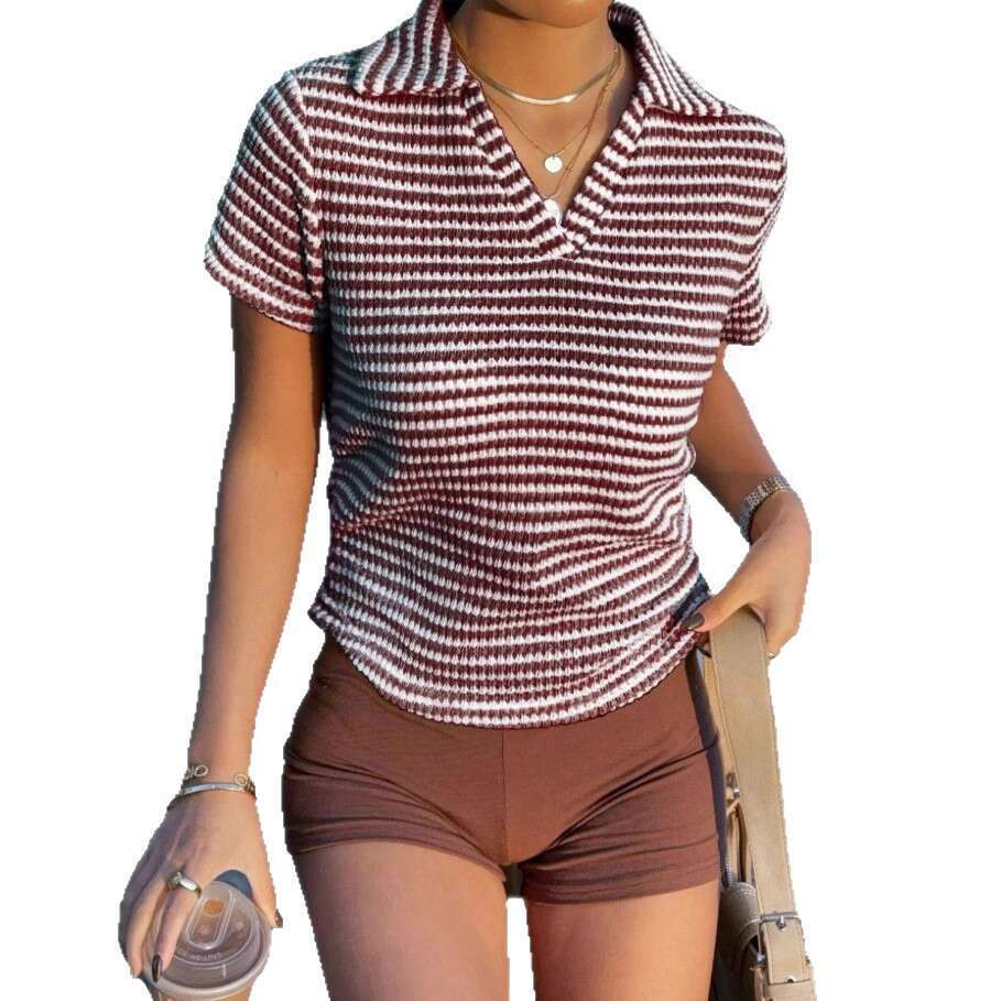 2025 European and American Cross-Border Women's Clothing Amazon Summer New Striped V-Neck Short Sleeve T-Shirt Casual Turn-Down Collar Polo Shirt