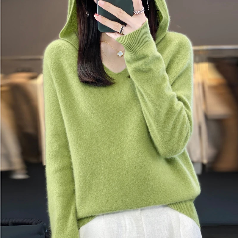 100 Merino Pure Wool V-neck Hoodie Autumn/Winter Hoodie Cashmere Sweater Womens Casual Knitted Top DMR207 251106