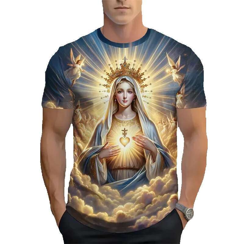 Men's printed short sleeved T-shirt, round neck, quick drying, casual, sporty, plus size, comfortable, summer fashion, Jesus Saint Mary's