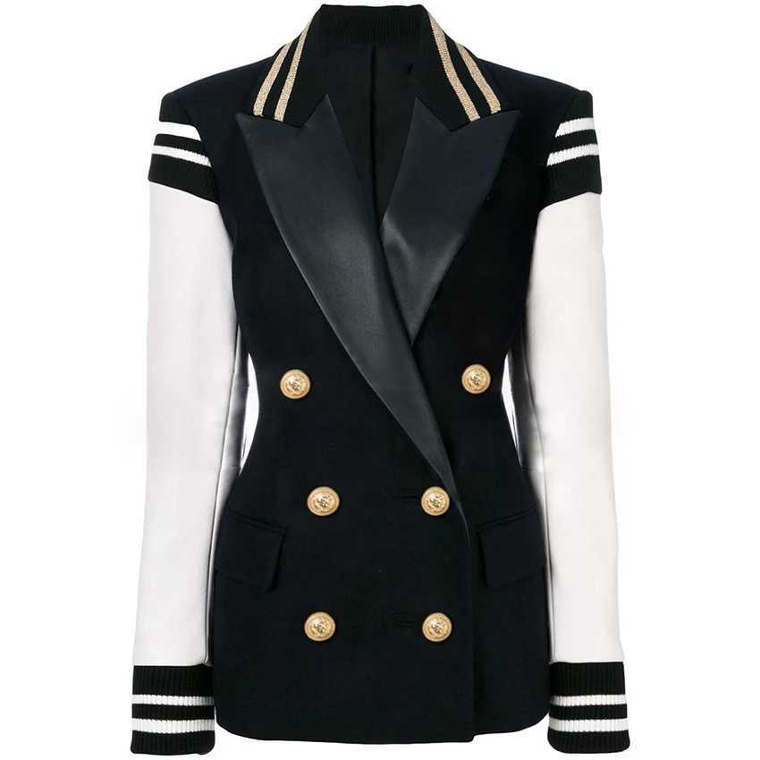 HIGH STREET New Fashion 2025 Classic Varsity Jacket Womens Lion Buttons Double Breasted Leather Sleeve Patchwork Blazer W251110