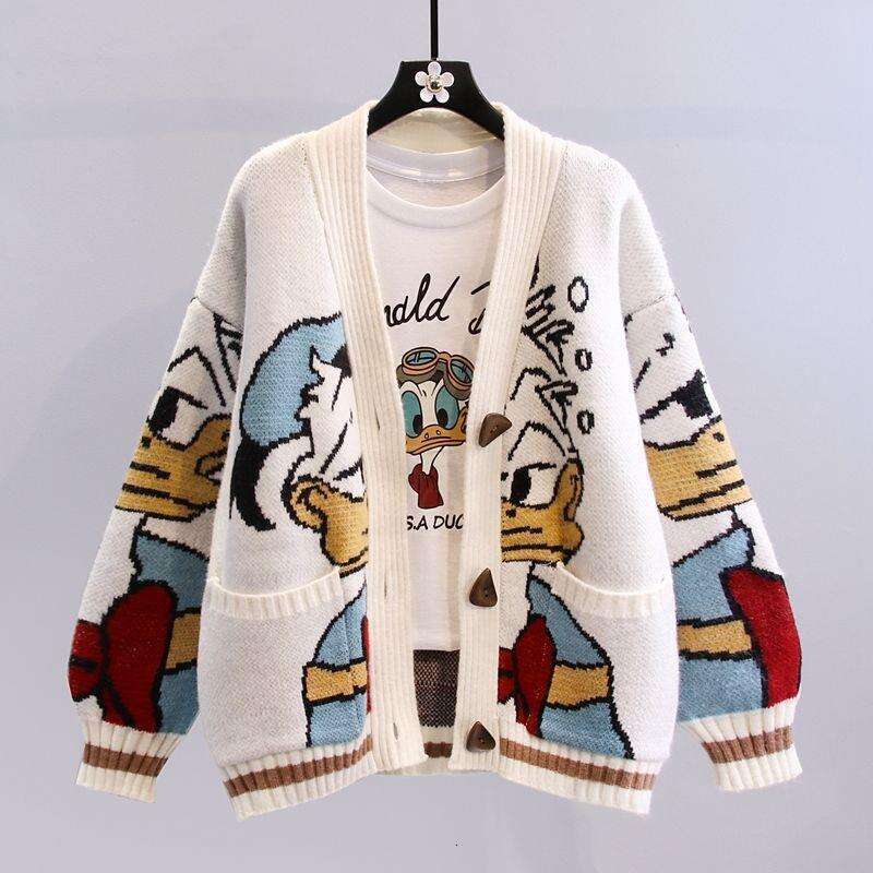 Japanese Cartoon Sweater Coat for Women, Autumn Winter 2025 New Lazy Style Loose Fit Outerwear Versatile Thick Knitted Cardigan