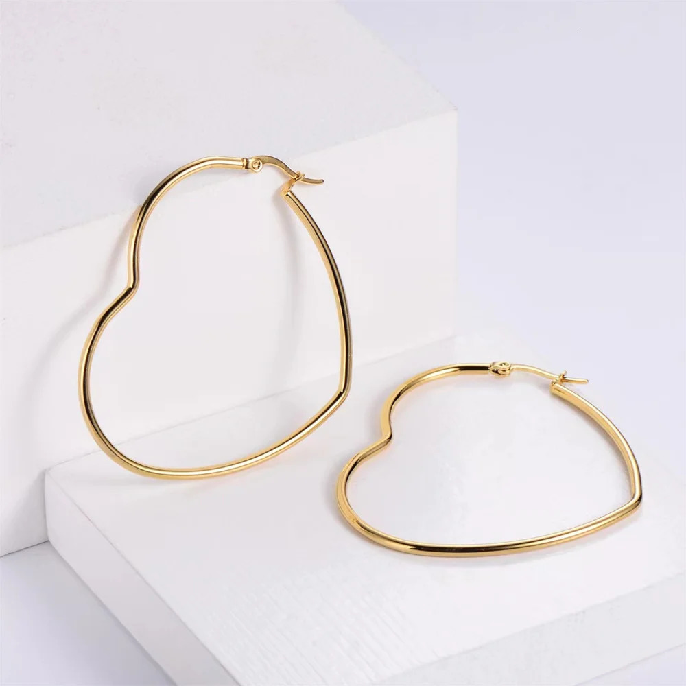 1 Pair Simple Smooth Big Heart Hoop Earrings For Women Lady Exaggerated Gold Color Stainless steel Jewelry Gift Drop 251110 - view 4