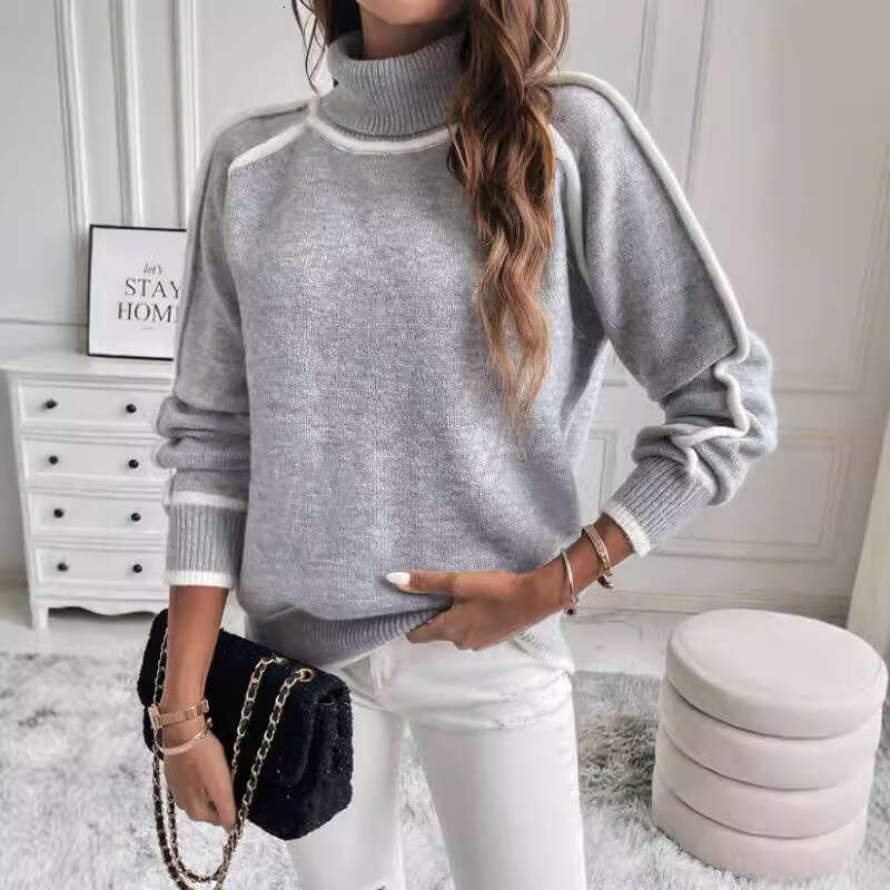 Cross-Border Autumn Winter Knitted Women's Pullover Long Sleeve Turtleneck Top Solid Color Loose Casual Versatile Sweater