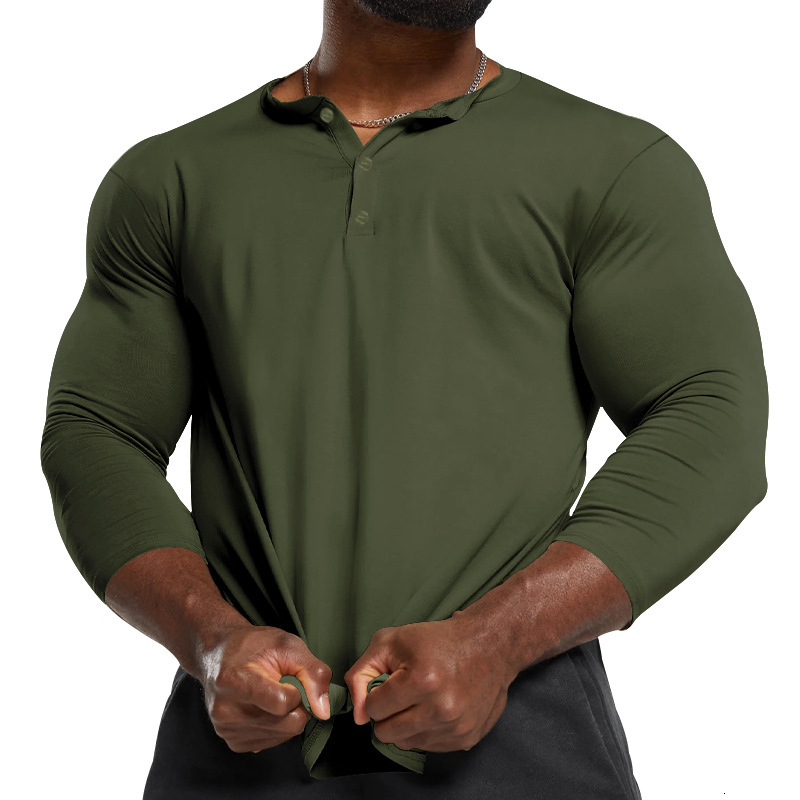 2025 Spring and Autumn Mens Long sleeved T-shirt Mens Sports Fitness Mens Henley Shirt