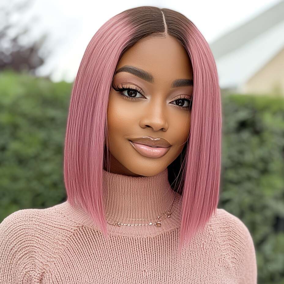 Natural Looking Human With Transparent Lace Front 13X6x1 Ombre Pastel Short Bob Cut, Bleached Knots Pre-Plucked - Lightweight Pink Hair Wig Women Men,