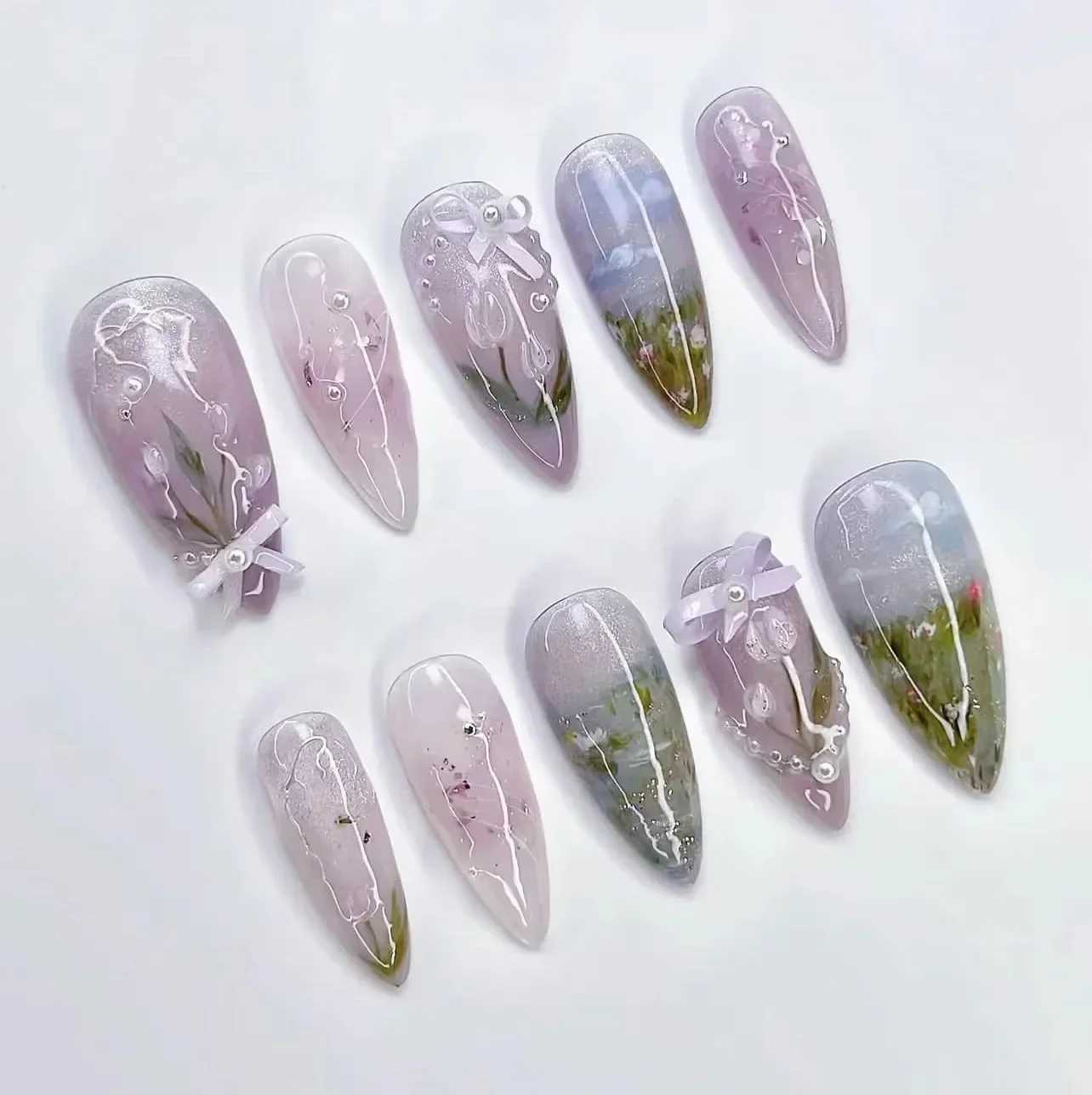 24 pieces of floral almond pressed nails with adhesive Mori girl nail art ballet country style full set wearable acrylic nail mechanical tip W250410