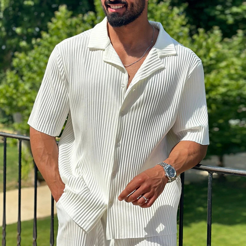 Spring and summer fashion mens two-piece casual solid color short sleeved ribbed shirt and pants set mens streetwear set 250410