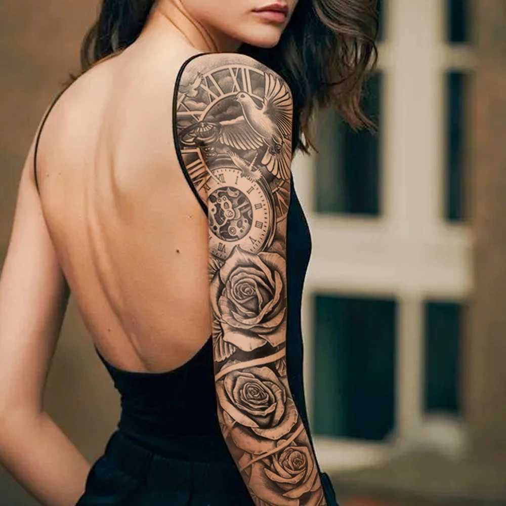 Large Full Sleeve Waterproof Temporary Tattoo Stickers Clock Rose Pigeon Bird Totem Fake Tattoo Body Art Mens Legs W250410