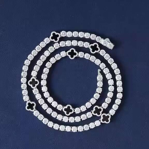 Fast Shipping VVS Moissanite S925 Solid 925 Sterling Silver 4mm Four Leaf Clover Tennis Link Chain Bracelet Hip Hop Necklace