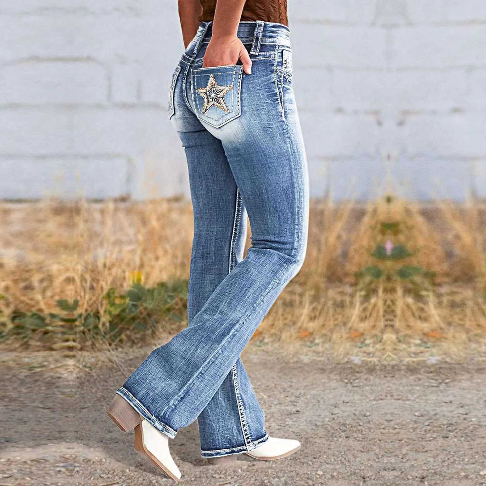 Women Fitting Micro-Flared Jeans Casual Chic Deep Blue Denim Pants with Double-Buttons Pocket Zipper Daily Wear Comfy All-Match C251110