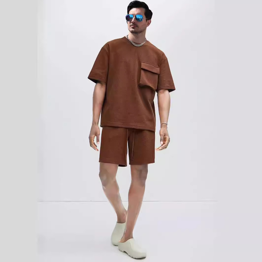 2024 Summer New Sports Set Mens Street Trendy Casual Pocket Short Sleeve Shorts Casual Two Piece Set