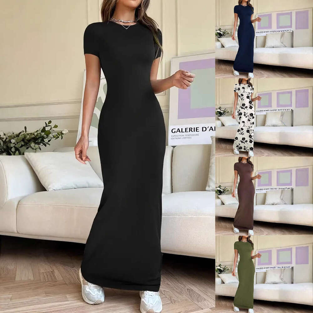 New Cross-Border Temu Amazon European and American Women's Fashion 2025 Spring Summer Export Solid Color Elegant Slim Short Sleeve Dress