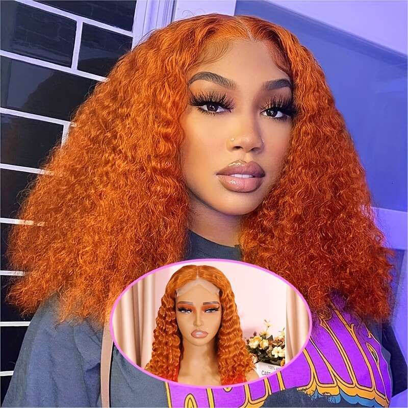 Curly 13X4 Hd Wigs Human Ginger Orange Colored 200 Ensity Deep Wave Bob Lace Front Wig Pre Plucked With Baby Hair
