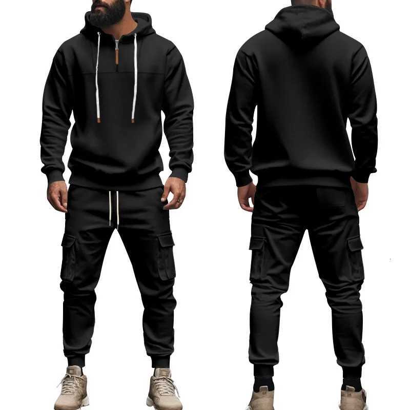 Mens fleece lined hooded tracksuit set long sleeve sweatshirt joggers cross-border sportswear for autumn winter casual wear W251110