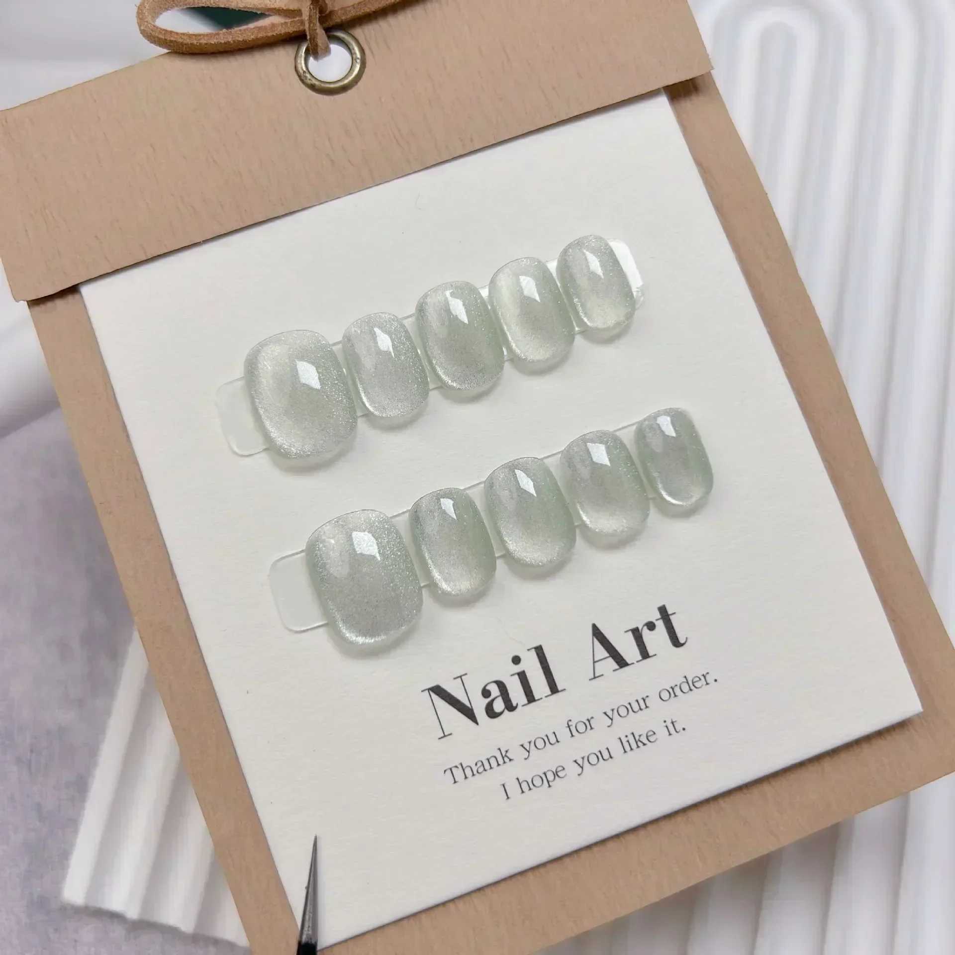 0Pcs Short Handmade Light Green Pressing Nail Cat Eye Pure Ballet Performer Decoration Wearable Fake Nail Full Set Nail Tip Art W250410