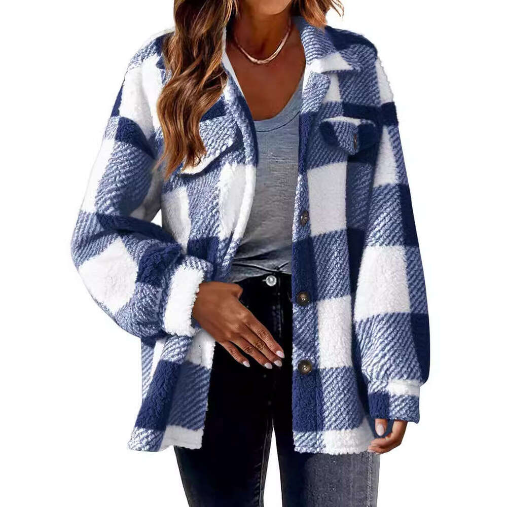 2025 New Cross-Border Women's Clothing Amazon Autumn Winter Plaid Lamb Wool Jacket with Pockets Button Plush Coat