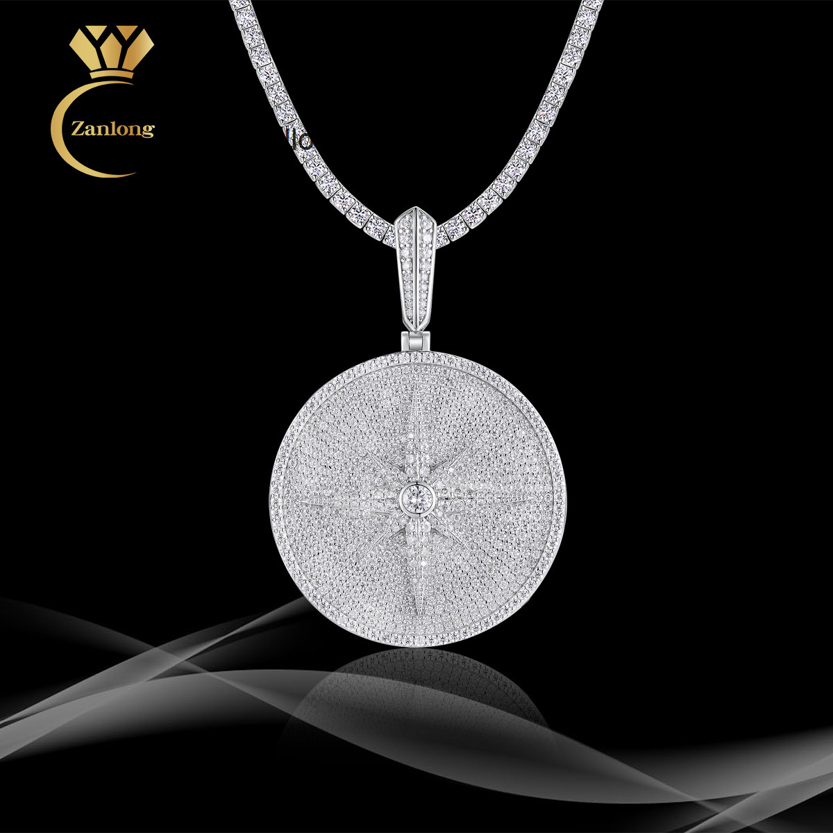 Custom Hip Hop Moissanite Pendant Necklace 925 Sterling Silver 18K Gold Plated Sparkling Cuban Link Design Big Round Pendant