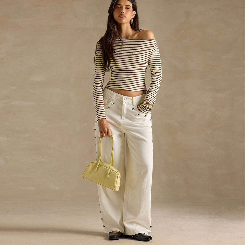 Rui Chuo Cross-Border Amazon Striped Off-Shoulder T-Shirt 2025 Autumn European and American Style Elegant Long Sleeve Base Shirt Pullover