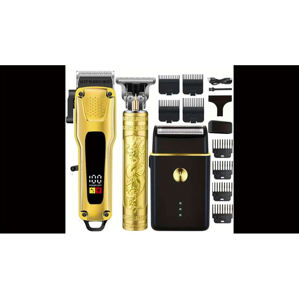 Golden 3Pcs Men's Kit: Electric Shaver, Hair Trimmer With LCD Display, 8 Combs, USB Cables, Perfect Dad, Boyfriend, Father's Day, Birthdays,