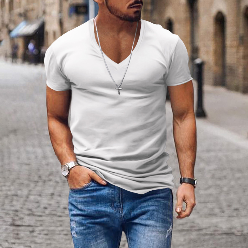 Mens summer mens V-neck solid color slim fit casual short sleeved top