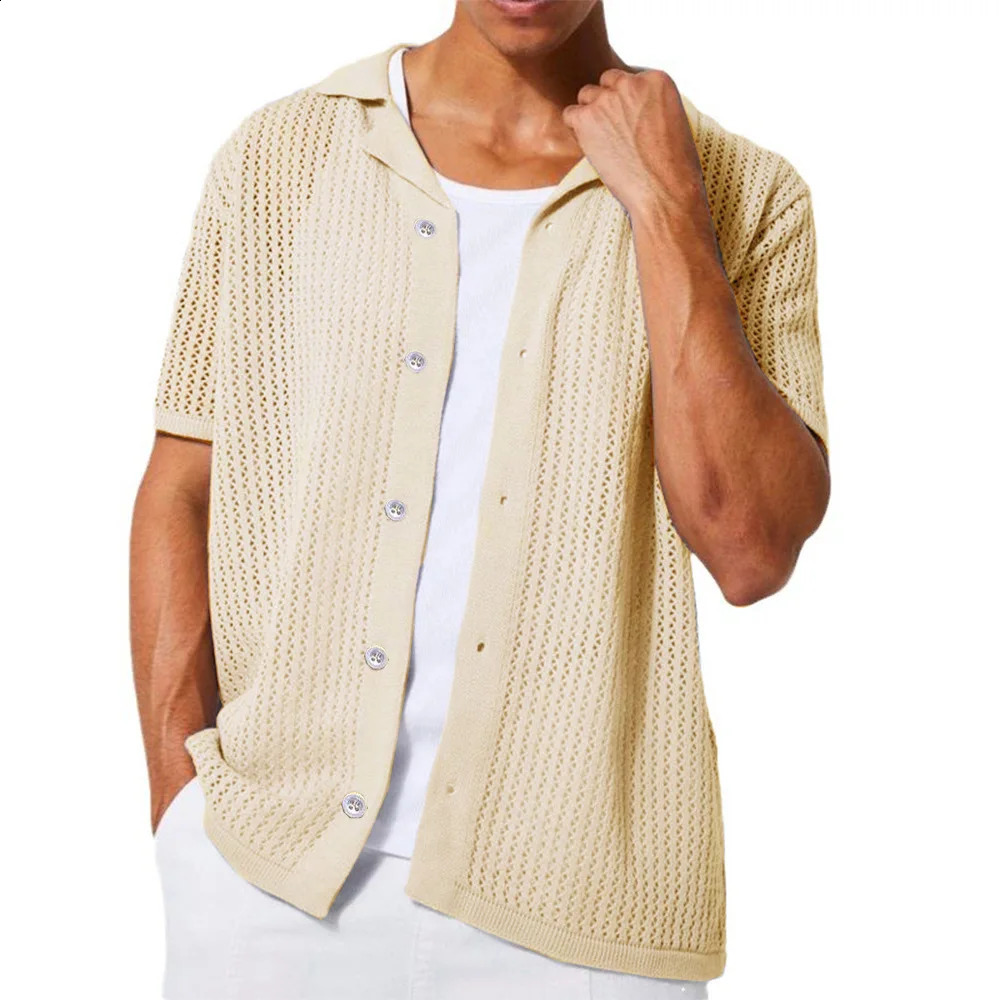 2025 Instant sale of the summer casual pure color mens shirt hollow-out shirt knitted short-sleeved cardigan 250407