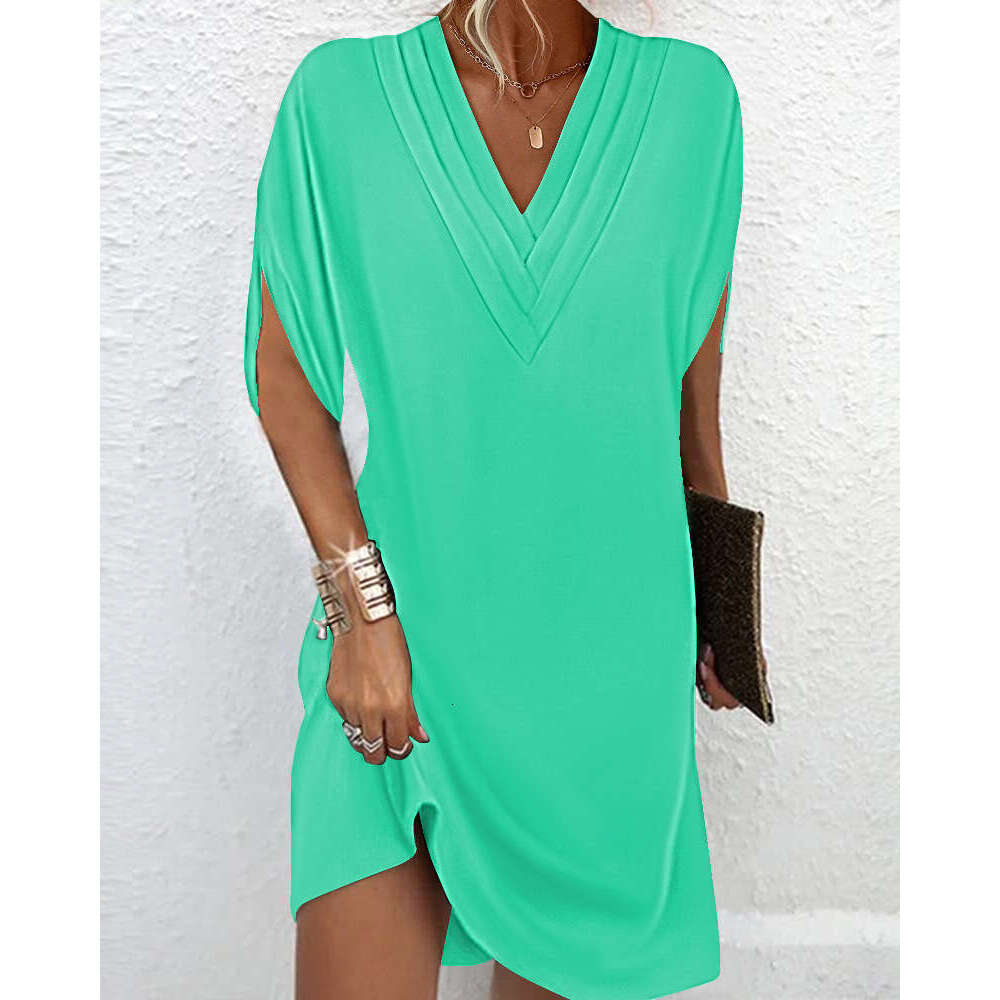 Cross-Border In-Stock 2024 European and American Amazon New Women's Spring Summer V-Neck Pleated Batwing Sleeve Dress