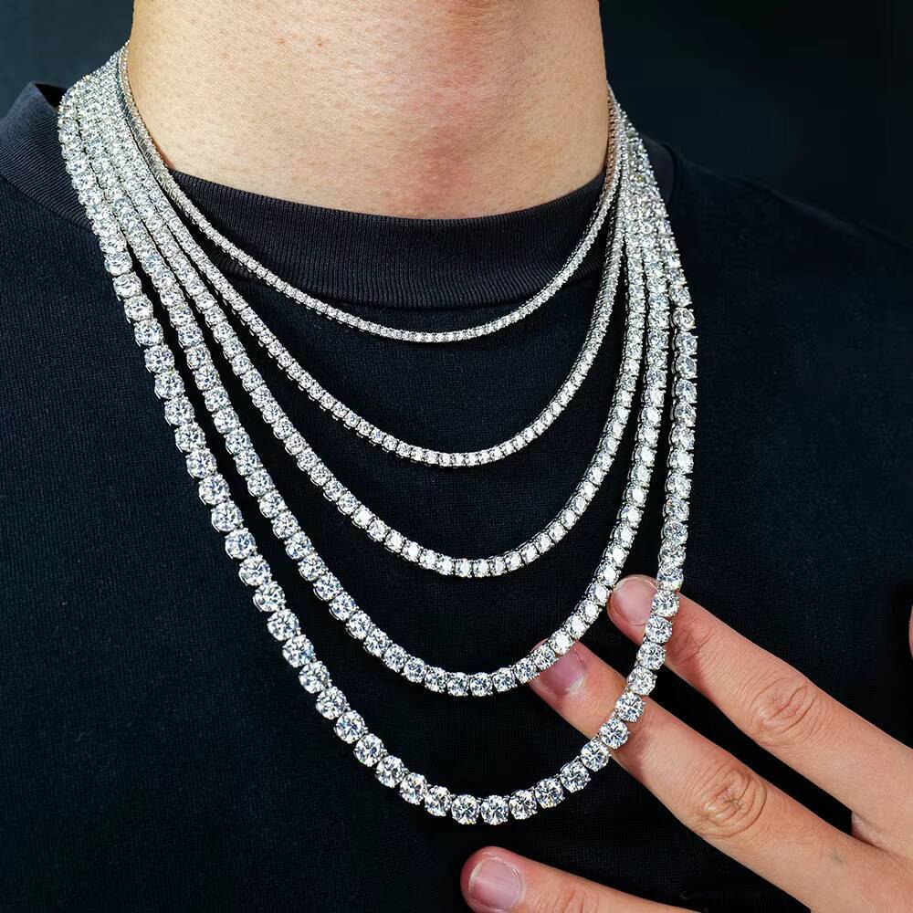 Wholesale Mens Women 2 3 4 5 6mm 925 Sterling Silver Iced Out Lab Grown Vvs Diamond Mossanite Moissanite Cluster Tennis Chain