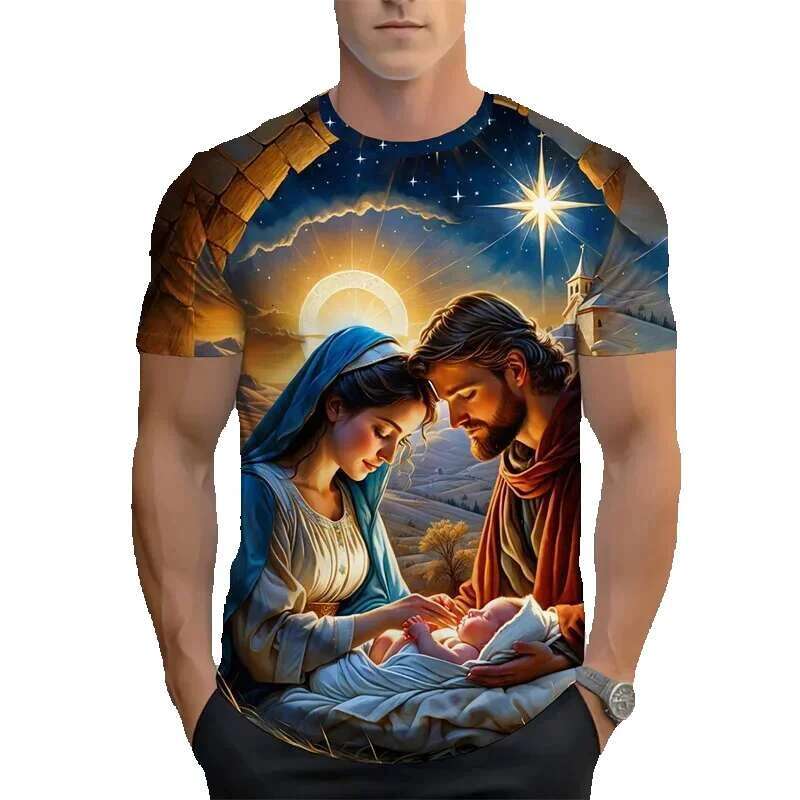 Men's printed short sleeved T-shirt, round neck, quick drying, casual, sporty, plus size, comfortable, summer fashion, Jesus Saint Mary's