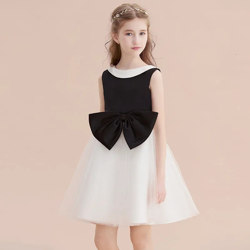 Customized white and black satin chiffon short girl party dress cute bow flower girl dress princess birthday party dress 250403
