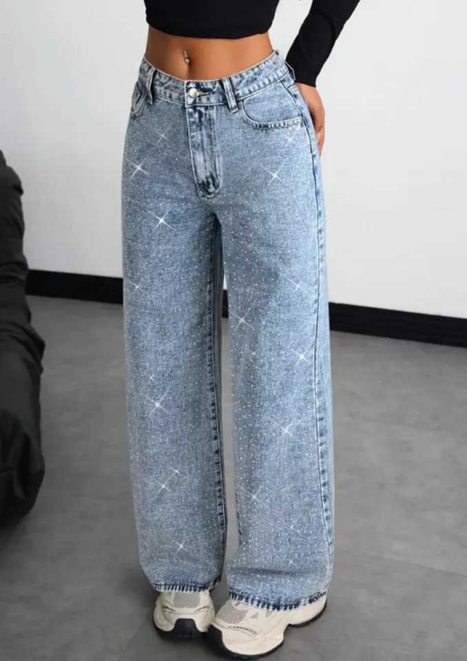 American-style high street retro full-diamond wide-leg jeans for women new 2025 autumn style versatile and slimming great for a C251110