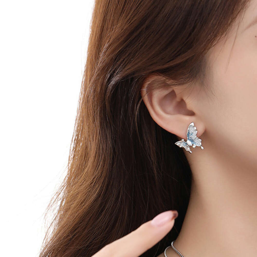 New Blue and White Oil Drop Butterfly 925 Silver Needle High-end Zircon Stud Wholesale Fashion Commuting Earrings for Women
