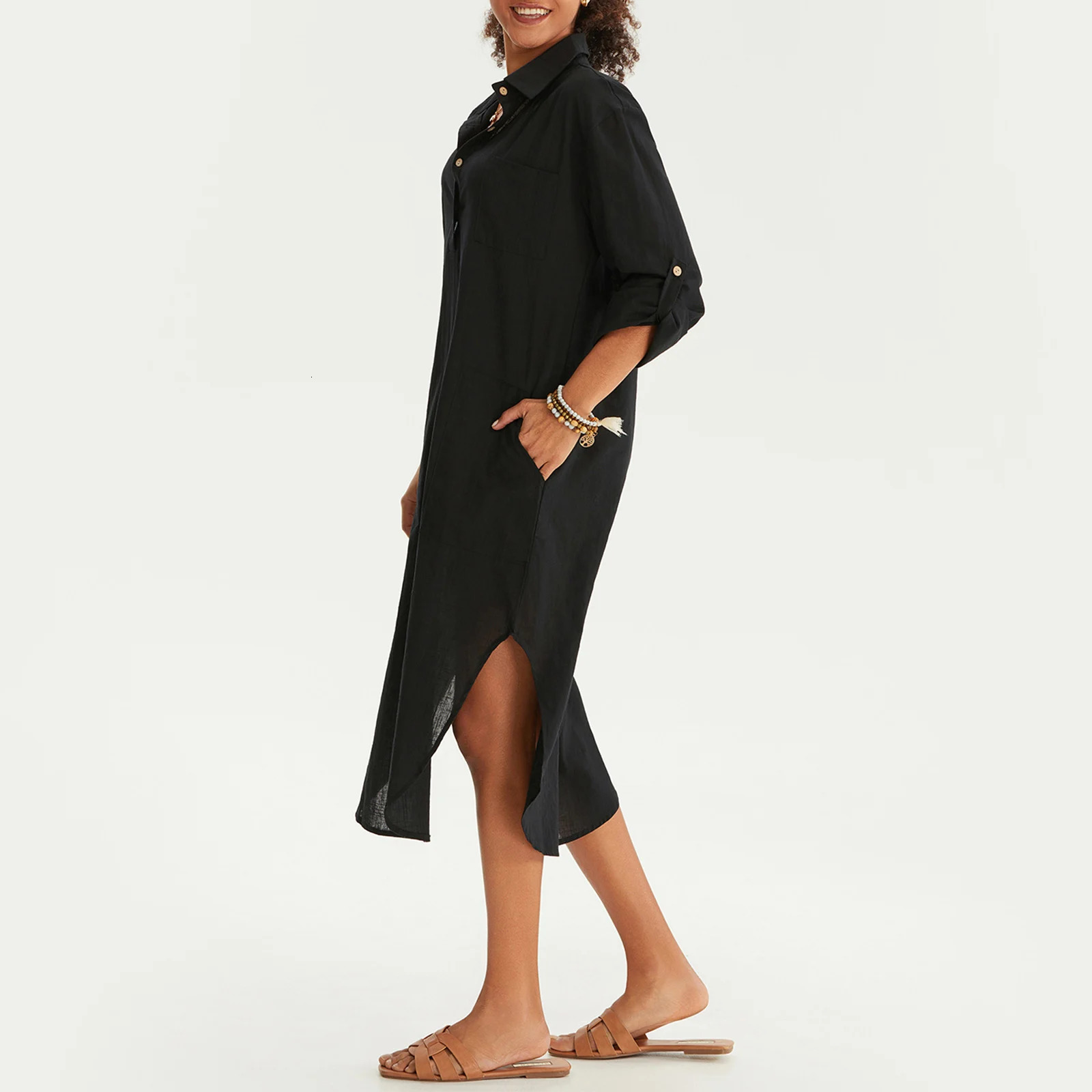 Yiiciovy solid color bikini top Bohemian beach shirt dress casual long sleeved womens lapel side seam swimsuit suit 250408
