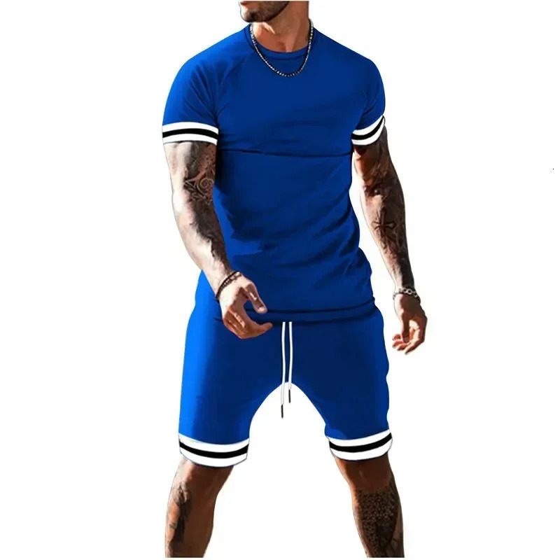 Summer Mens Round Neck Short Sleeve Sports Set Leisure Outdoor Fitness Sports Color Block Two Piece Set 250409