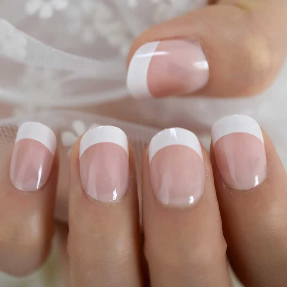 French style fake nails natural nude white pointed glossy pressed finger nail art handmade beauty set with multiple styles to choose from W250410