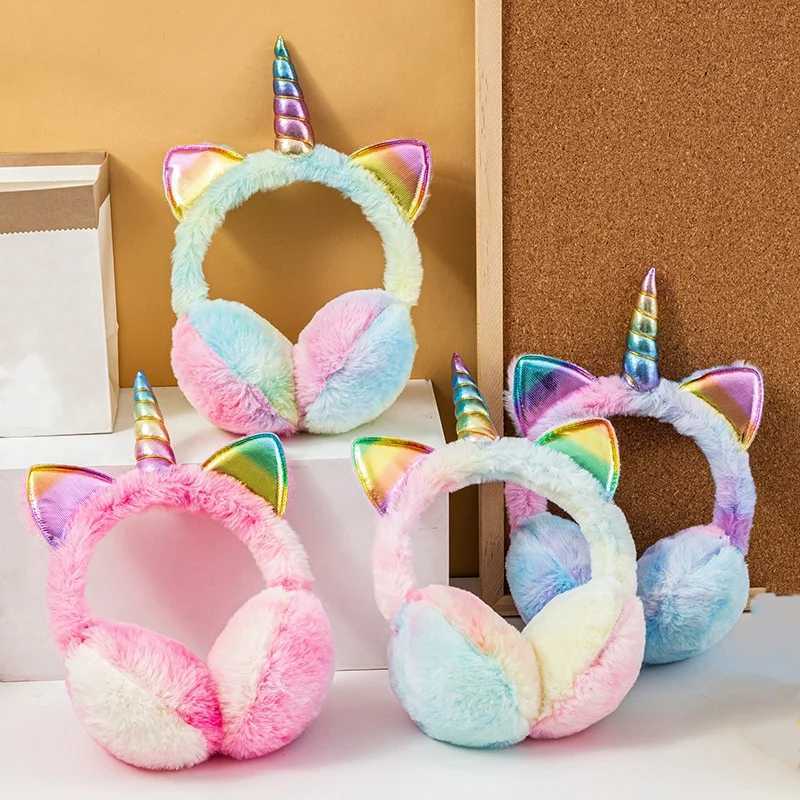 Children Kids Winter Warm Colorful Unicorn Thermal Earmuffs Tie-dye Fur Hat Cat Ears Shape Ski Snow Soft Plush Fluffy Earflap W251110
