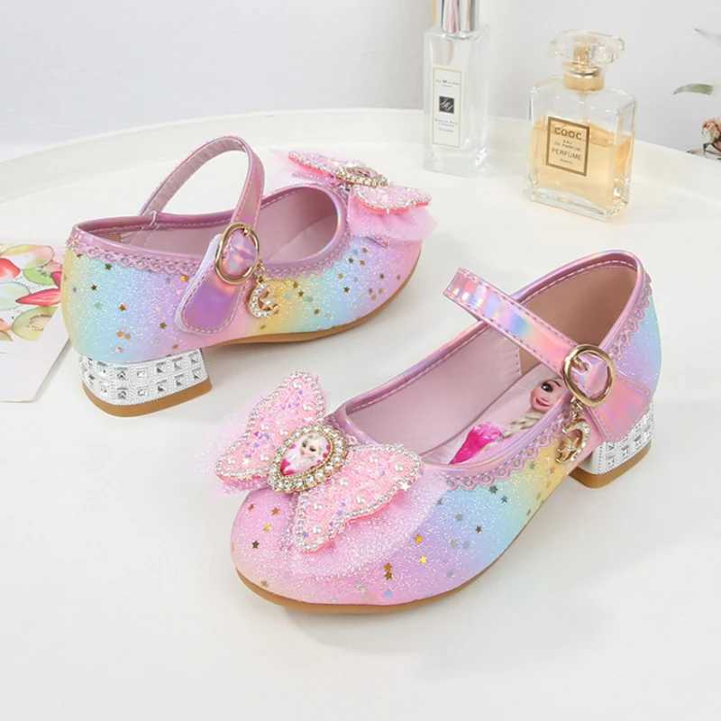 Womens tight shoes childrens high heels princess Elsa girl sparkling rainbow crystal leather pink blue shoes size 23-36 Z250410
