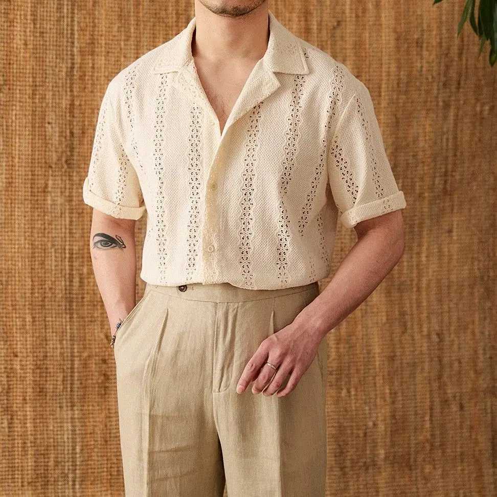 Summer thin jacket short sleeved shirt mens set light mature hollow leisure vacation Cuban collar casual shirt men X250410