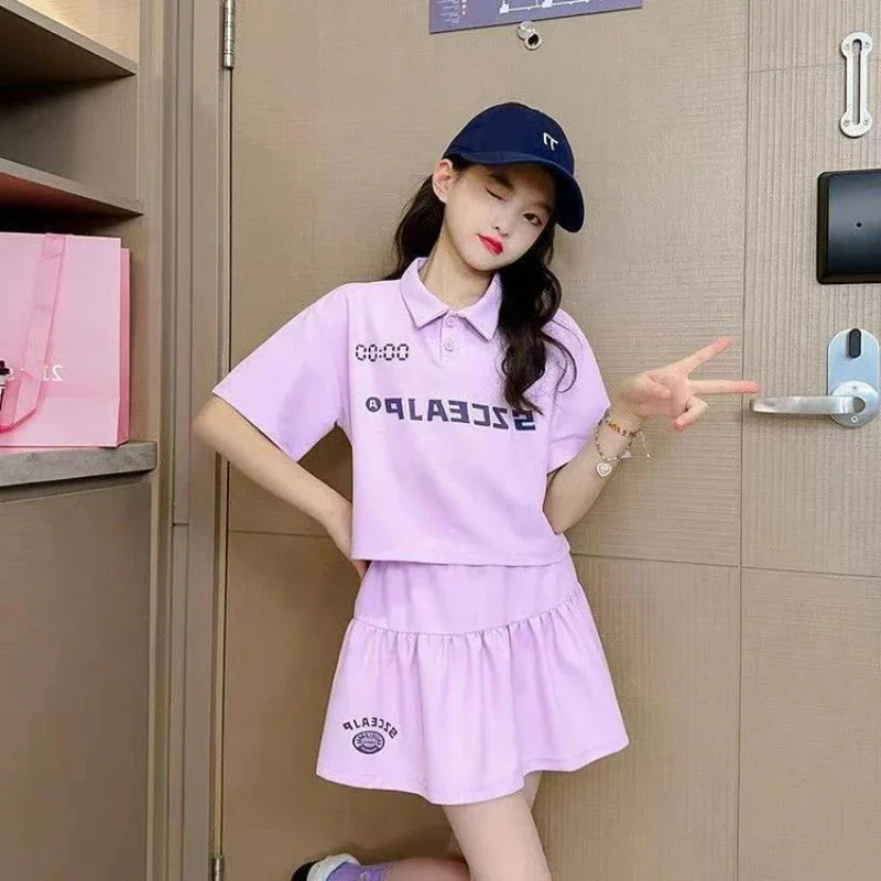 Summer teenage girls clothing set childrens letter printed lapel T-shirt and skirt set childrens short sleeved polo 2-piece set 250409