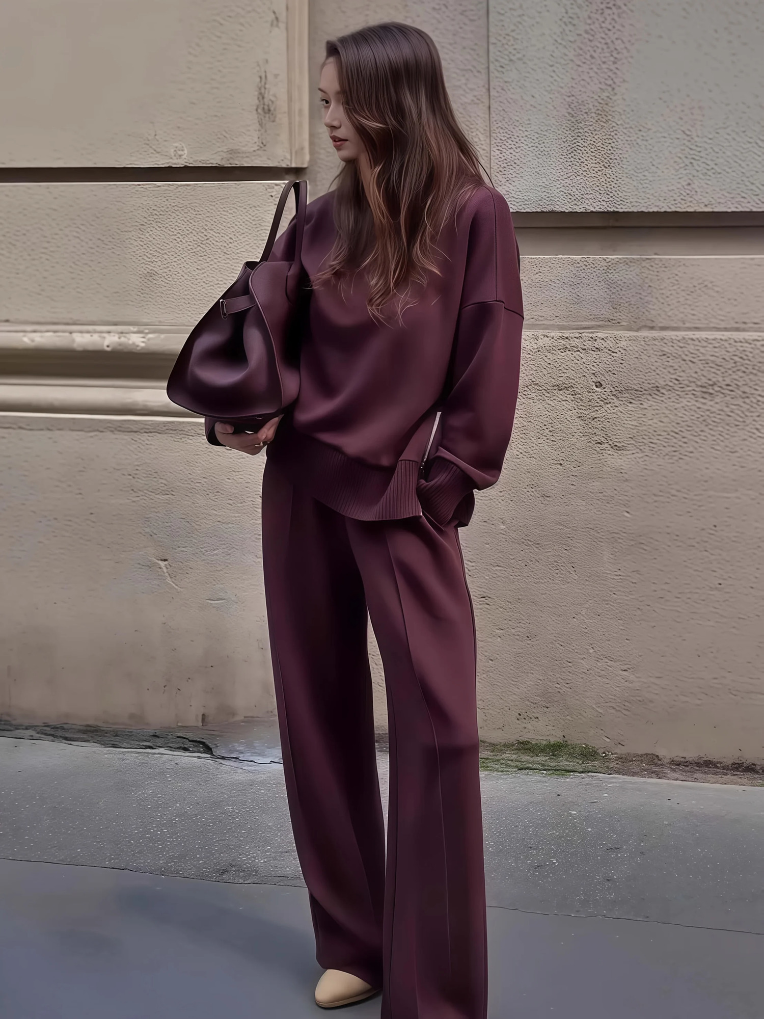 womens fashionable casual sportswear twopiece set wool wide leg pants 251110