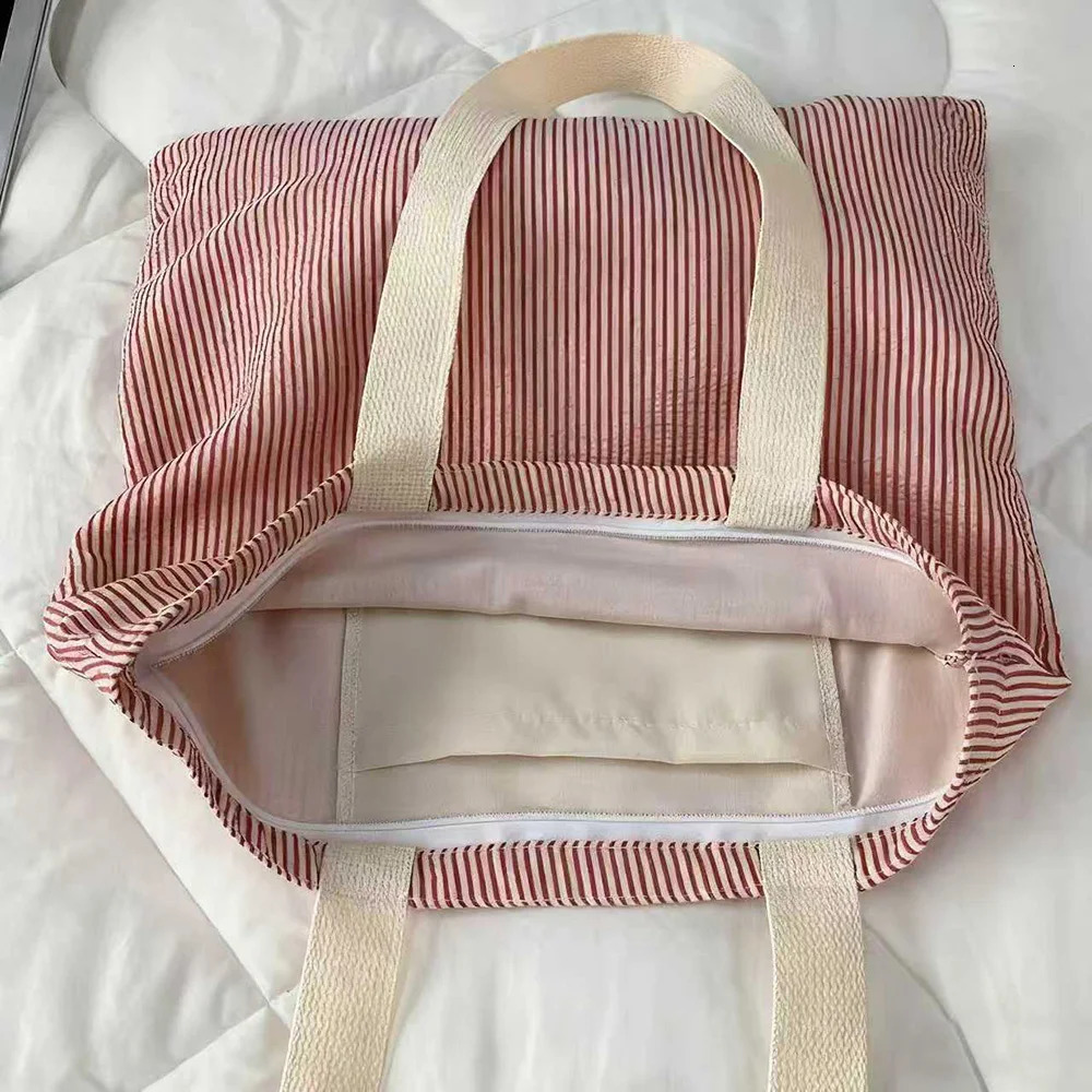 Stripe Contrast Color Womens Canvas Shoulder Bag Large Capacity College Book Tote Zipper Handbags Simple Shopping 251110