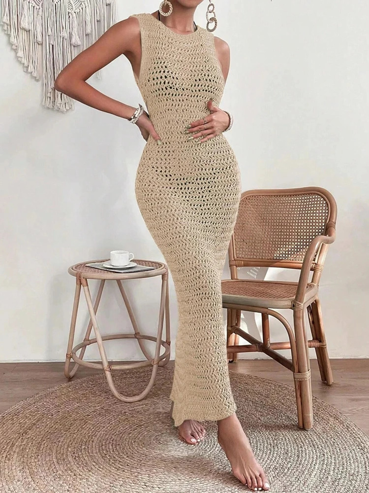 Fashionable and elegant hollow dress round neck and waist clip skirt sleep free slim wool dress suitable for women 250409