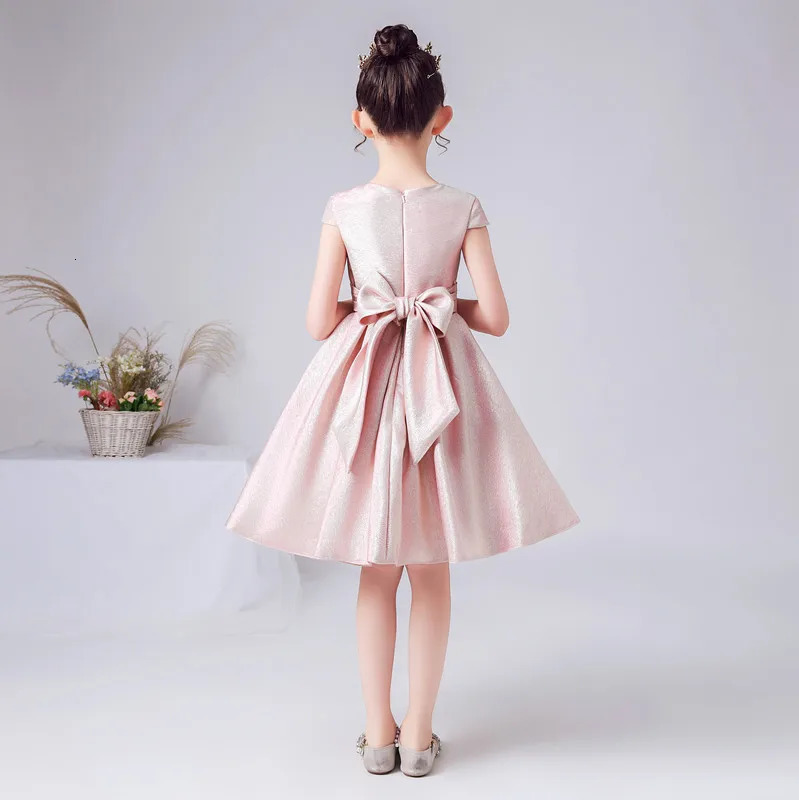 Customized Pink Shiny Satin Flower Girl Dress Short Wedding Birthday Party Dress Girl Princess Formal Peggy Dress Bow 250403