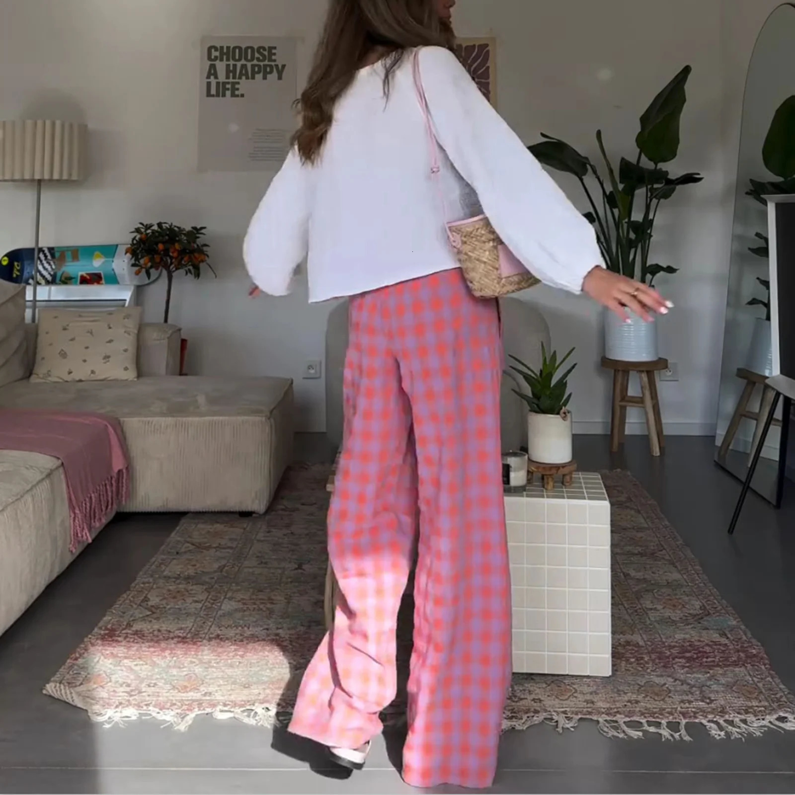 Combhasaki Womens Y2K Vintage Plaid Print Long Pants Elastic High Waist Wide Leg Loose Casual Aesthetic Trousers with Pockets 250409