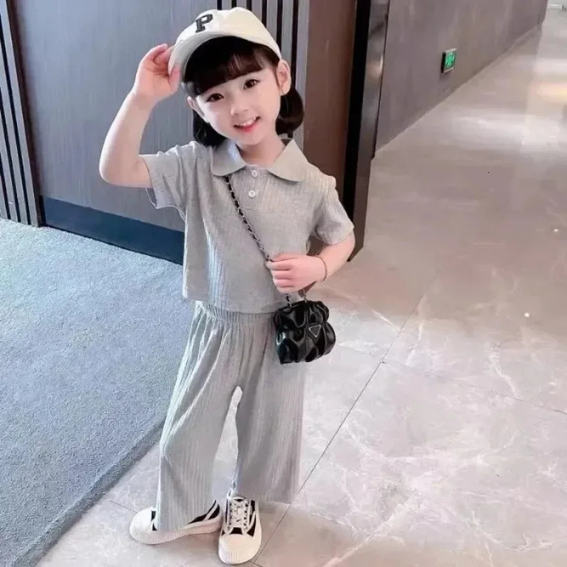 Girls summer clothing set childrens short sleeved polo shirt wide leg pants 2PCS set baby casual wear fashionable pit stripe set 250409