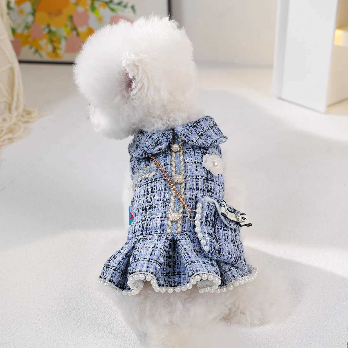 1-Piece Dog Clothes Cat Dog Pet Dress Autumn and Winter Thickened Warm Blue Skirt with Small Backpack J251110