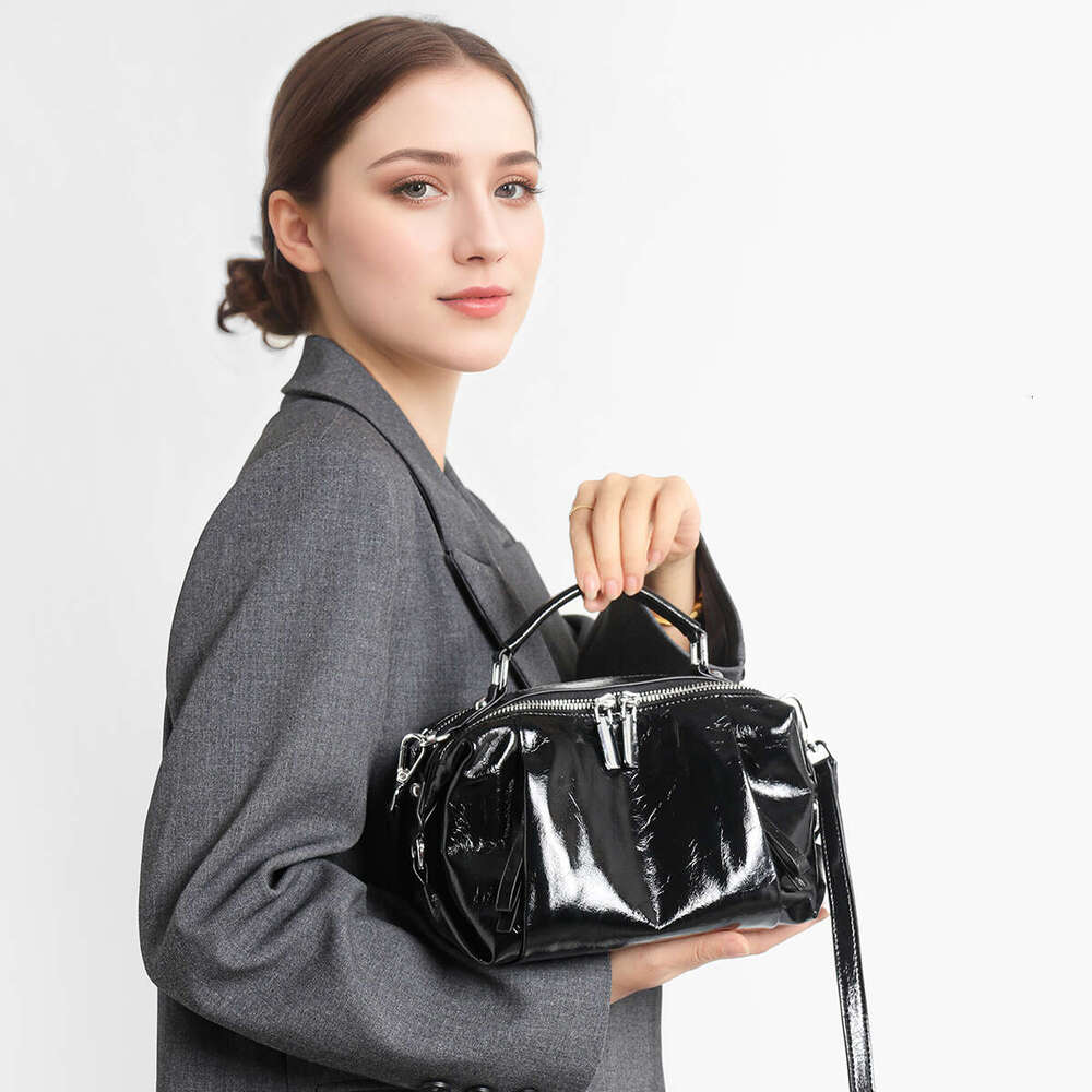 Women's Black Genuine Tote Bag Glossy Full-Grain Crossbody/Handbag With Golden-Tone Hardware, Zipper Closure & Strap - Elegant, Formal, Everyday 