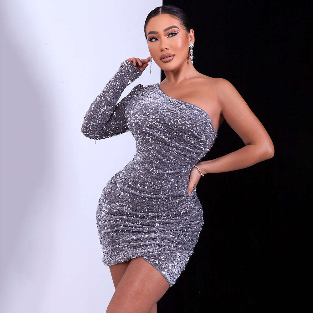 2025 Spring Fashion Sequin One-Shoulder Long Sleeve Bodycon Night club maxi dress Style SEXY DRESSES FOR WOMEN