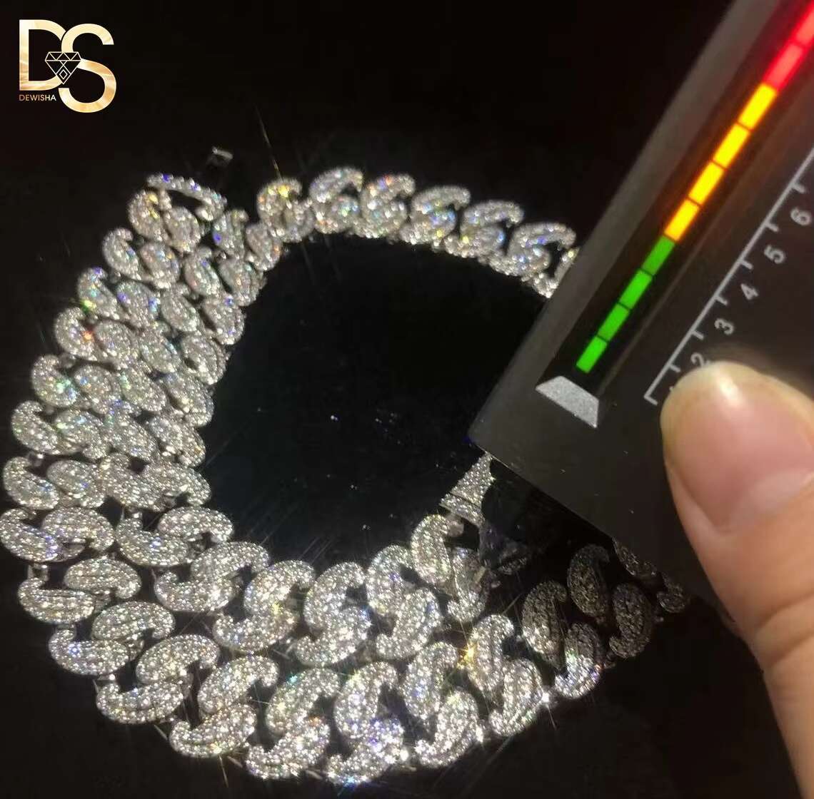 Luxury Hip Hop 18IN 20IN S925 Silver Plated VVS Moissanite Necklace Men Iced Out Cuban Link Chain