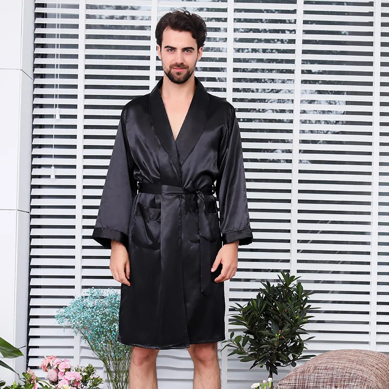 Large Size Men Robe Kimono Bathrobe Gown with Pocket Black Silk Satin Sleepwear Nightwear Spring Summer Homewear 5XL 6XL 7XL 250409