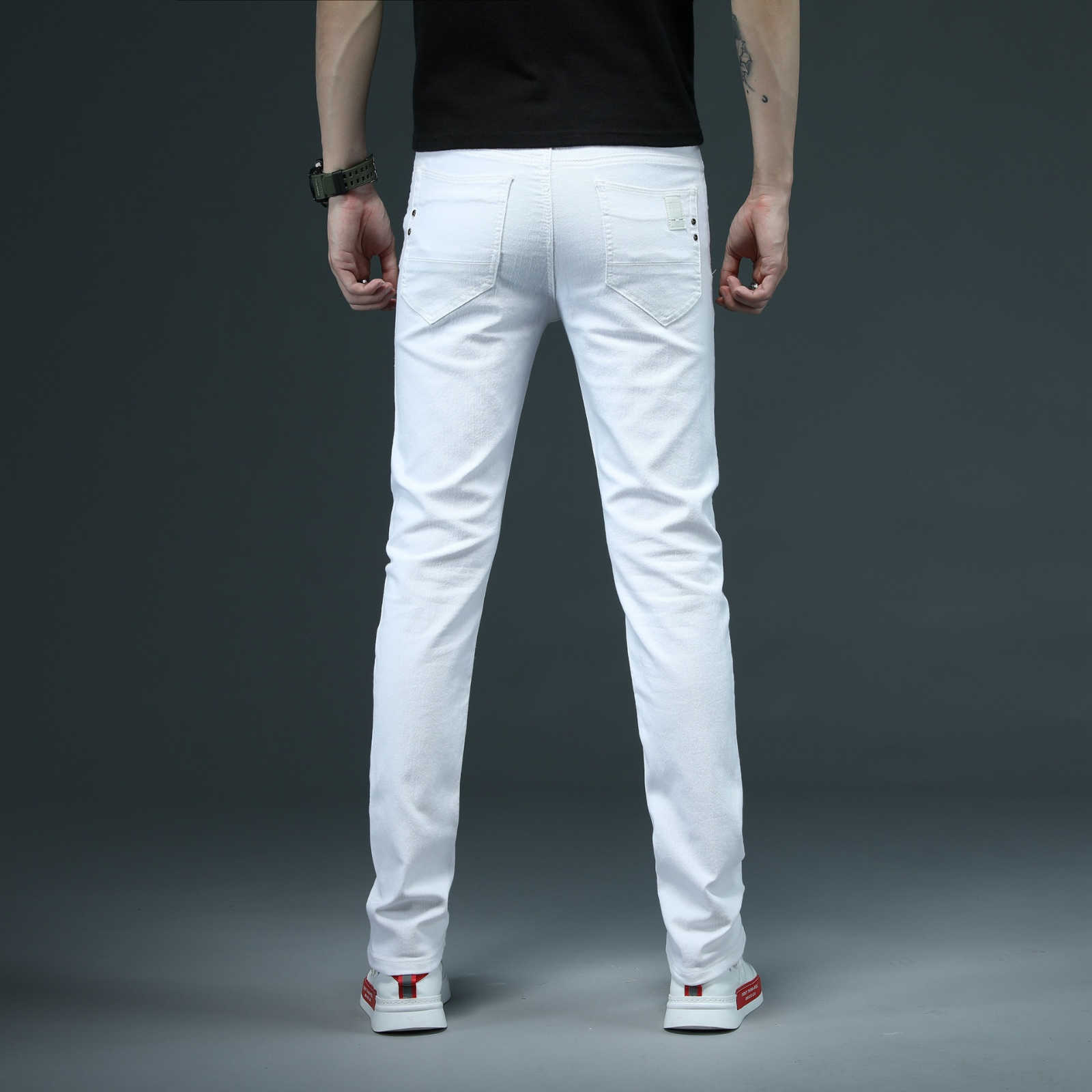 Mens stretch tight jeans white youthful casual fashion denim regular cotton Trouthers all season mens loose pantsW240715